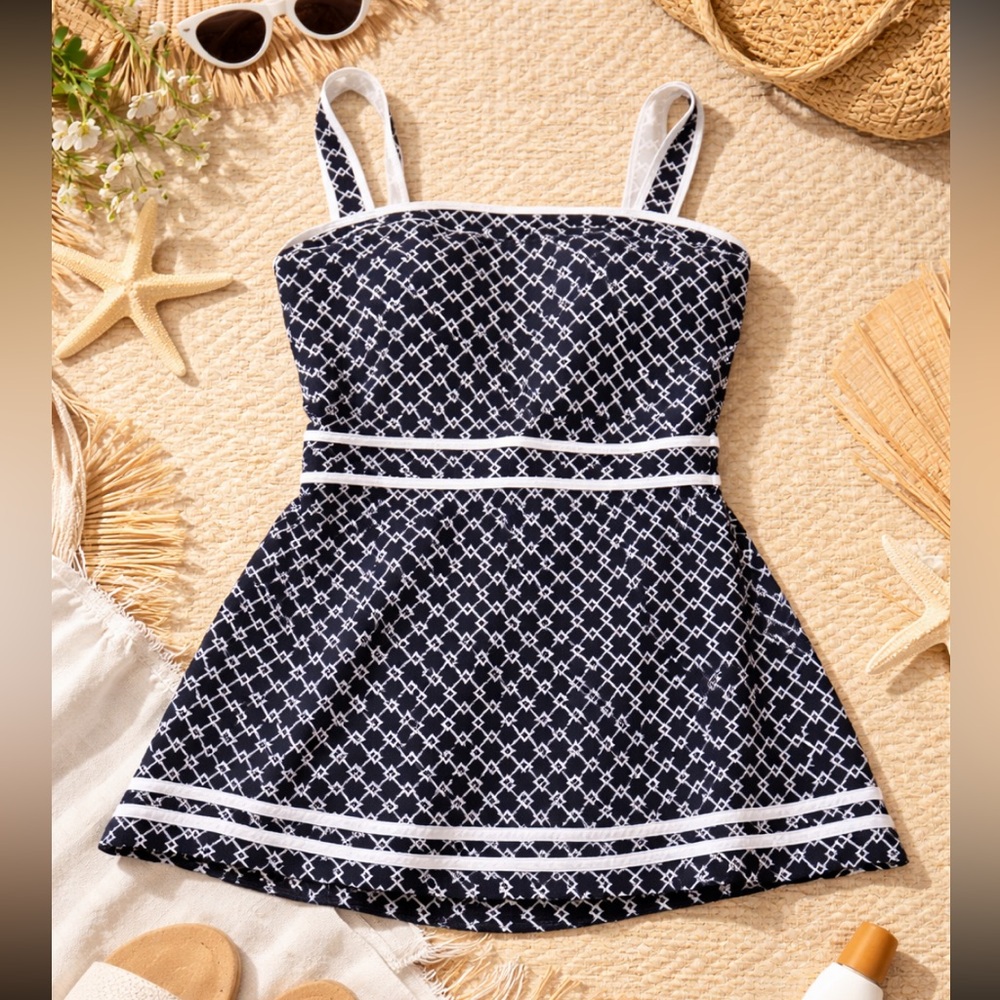 Shore Shape Black Geometric Fit-and-Flare Swimsuit. Women’s Sz- 16 Black | White